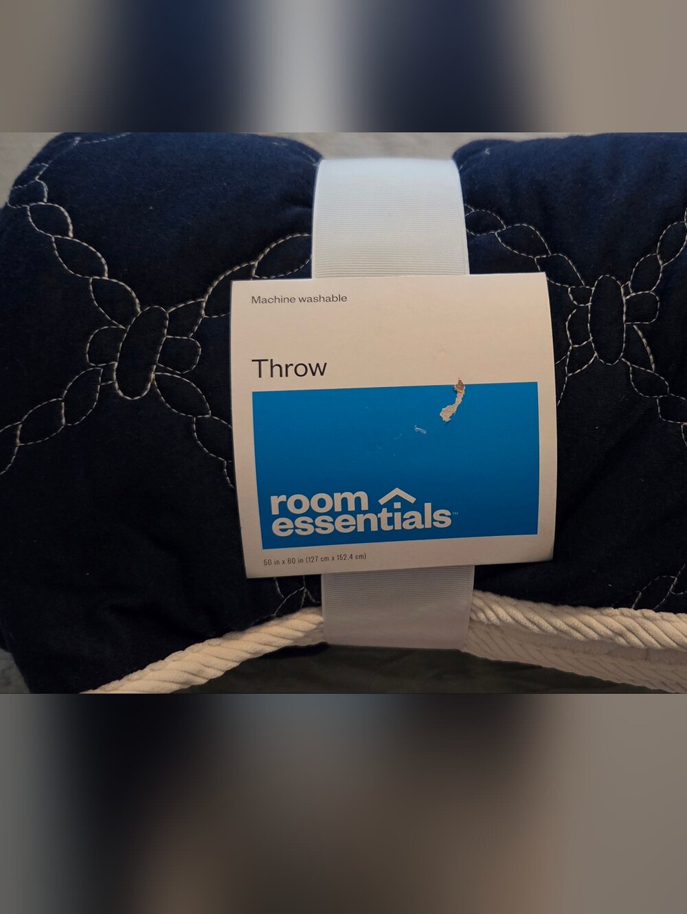 Target Navy Quilted Throw with White Chain Stitch Pattern